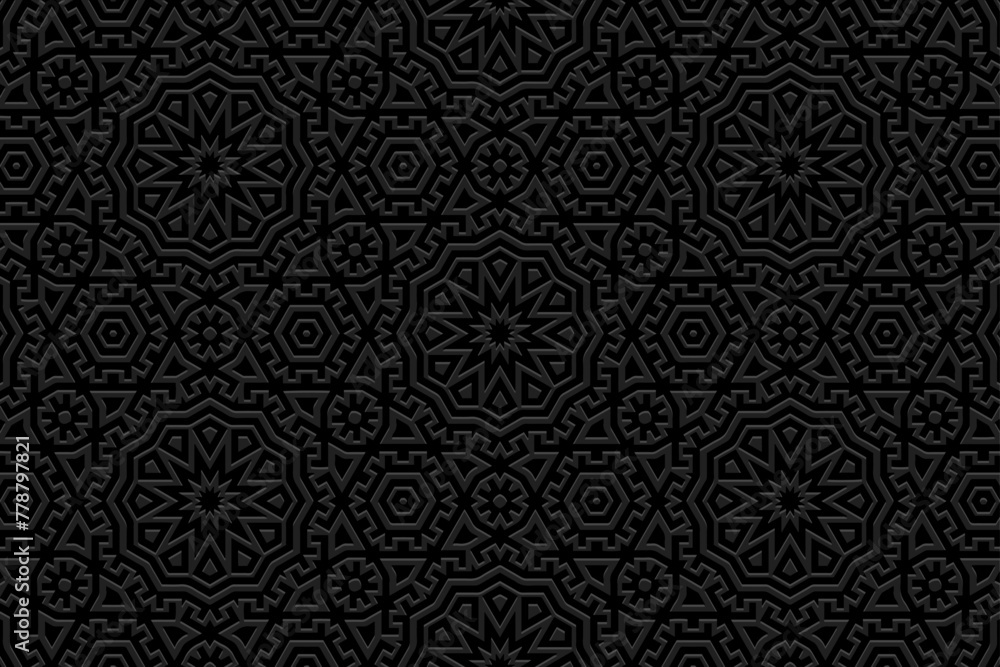 Embossed black background, ethnic cover design. Geometric original 3D pattern. Tribal handmade style, doodling, boho. Ornamental vintage exoticism of the East, Asia, India, Mexico, Aztec, Peru.