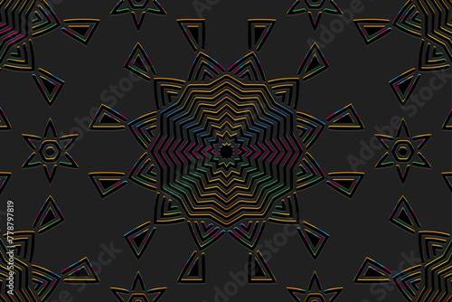 Embossed black background, ethnic cover design. Geometric shiny 3D pattern. Tribal handmade style, doodling, boho. Ornamental vintage exoticism of the East, Asia, India, Mexico, Aztec, Peru.
