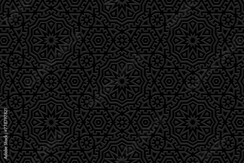 Embossed black background, ethnic cover design. Geometric original 3D pattern. Tribal handmade style, doodling, boho. Ornamental vintage exoticism of the East, Asia, India, Mexico, Aztec, Peru.