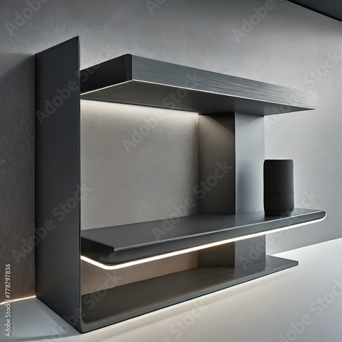 3d set.a high-tech wall shelf concept infused with innovative features such as wireless charging pads, built-in speakers, and ambient lighting options. Utilize sleek materials like acrylic and aluminu photo