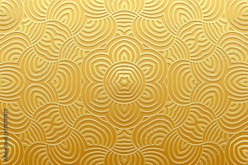 Embossed gold background, ethnic cover design. Geometric gold holiday 3D pattern. Handmade, doodling, boho. Ornamental vintage exoticism of the East, Asia, India, Mexico, Aztec, Peru. 