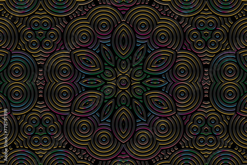 Embossed black background, ethnic cover design. Geometric creative 3D pattern. Tribal handmade style, doodling, boho. Ornamental vintage exoticism of the East, Asia, India, Mexico, Aztec, Peru.