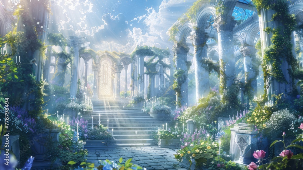hyper-realistic heavenly kingdom made of light and diamond and a few accented colored-stones with much refraction and bending of light rays beaming through it from behind's sun-rise on gloriously brig hyper-realistic heavenly kingdom made of light and diamond and a few accented colored-stones with much refraction and bending of light rays beaming through it from behind's sun-rise on gloriously brig