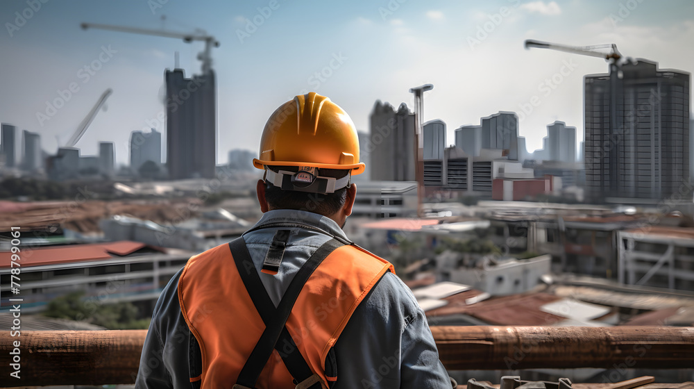 Cityscape View from Rooftop with Construction Workers. Cityscape View from Rooftop with Construction Workers.