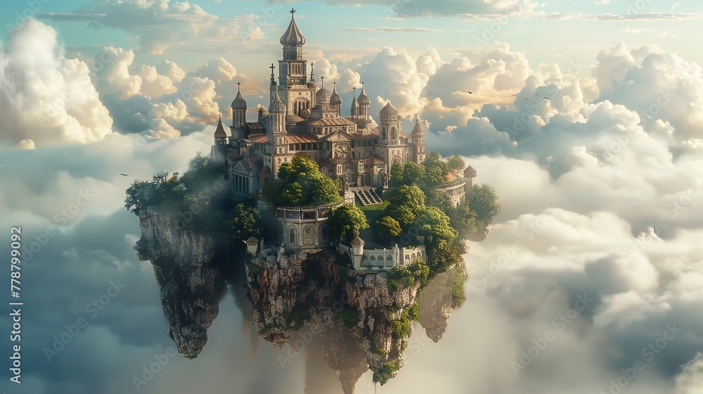 Floating monastery in the sky, high fantasy, serene and isolated, spiritual and timeless , sci-fi tone - obrazy, fototapety, plakaty 