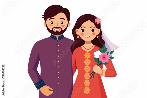 couple kurta pejma indian wedding on white background