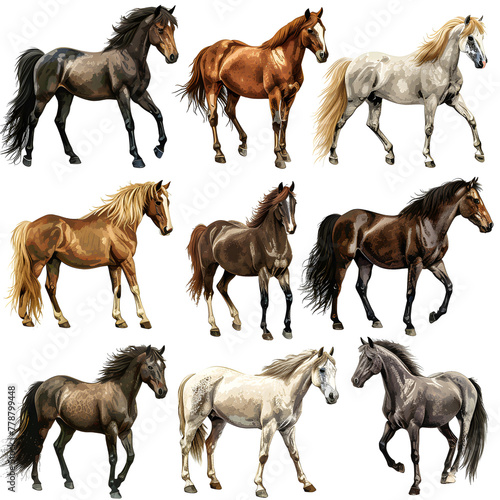 Clipart illustration featuring a various of horse on white background. Suitable for crafting and digital design projects. A-0002 