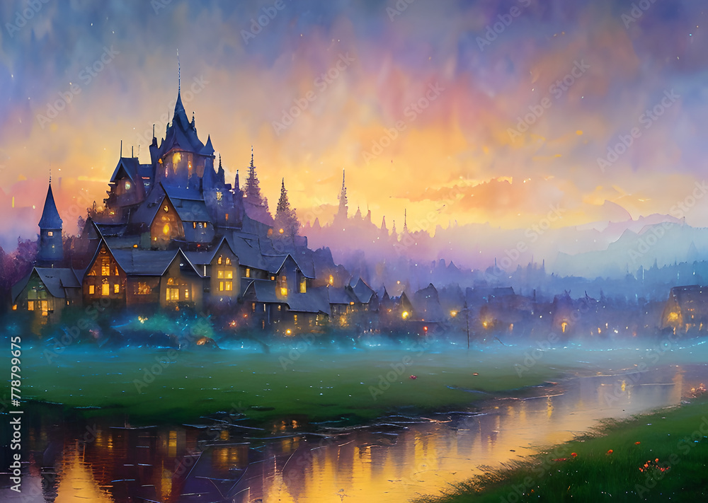 Obraz premium Medieval fantasy fairytale town houses and river, Generative AI