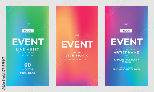 Music event templates set for stories. Night club party, musical entertainment. Colorful design for social networks. Story mockup. Vector illustration