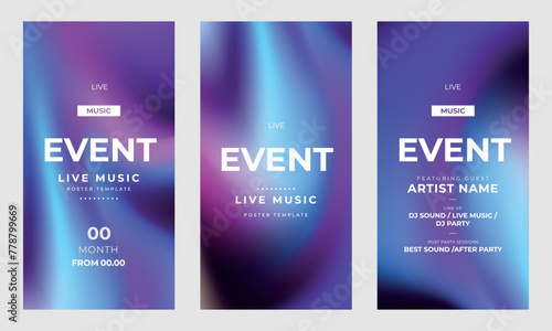 Music event templates set for stories. Night club party, musical entertainment. Colorful design for social networks. Story mockup