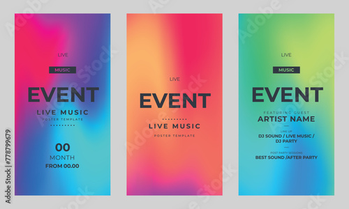 Music event templates set for stories. Night club party, musical entertainment. Colorful design for social networks