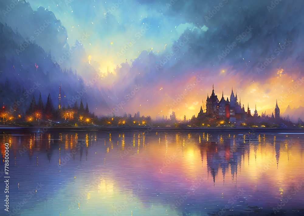 Obraz premium Medieval fantasy fairytale town houses and river, Generative AI