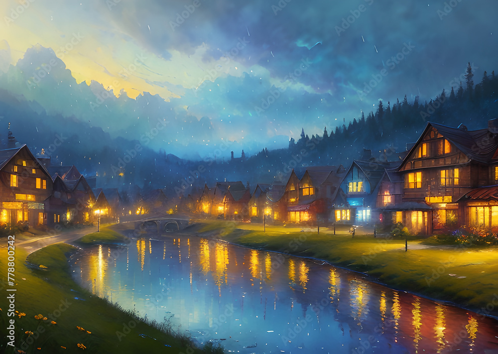 Naklejka premium Medieval fantasy fairytale town houses and river, Generative AI