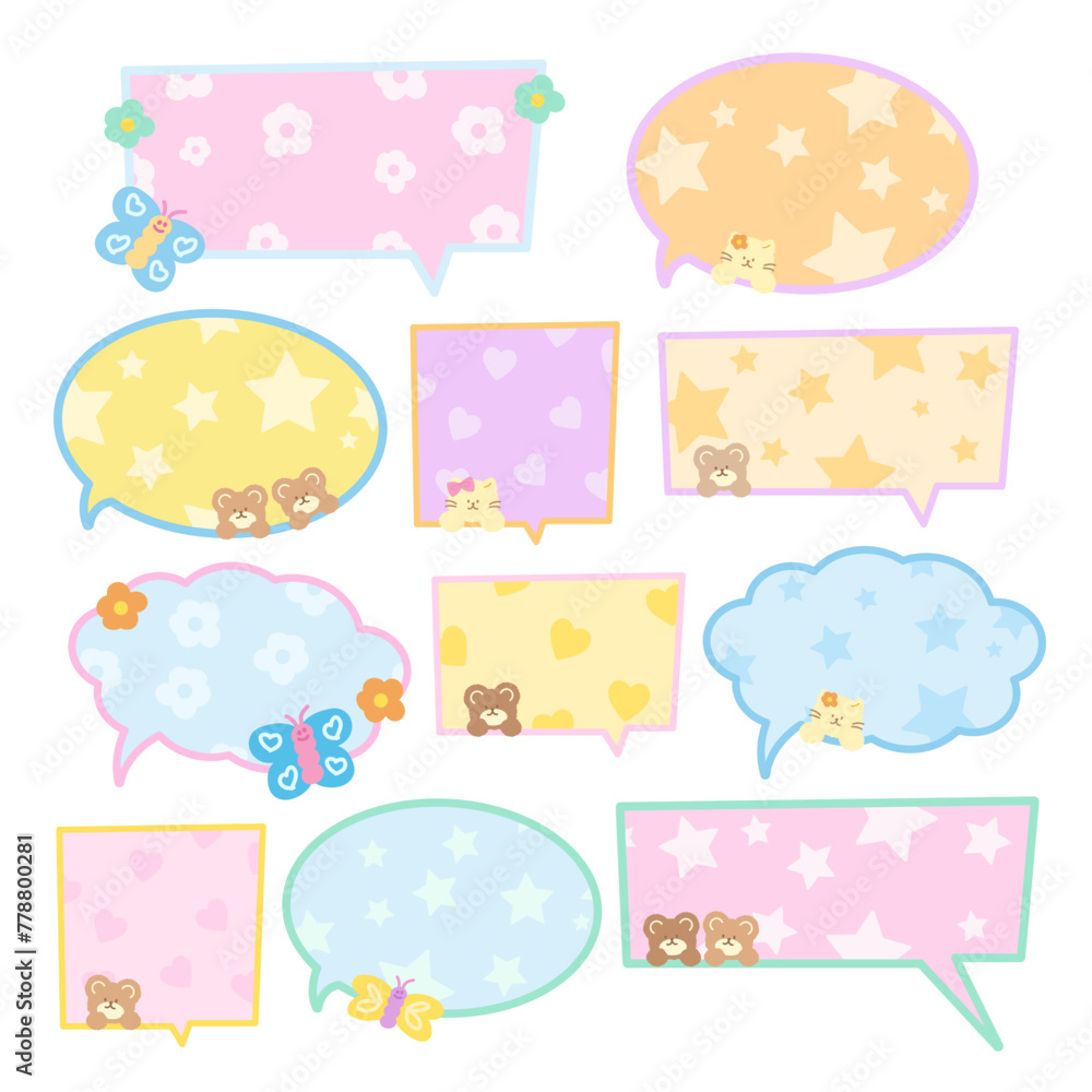 Pastel text bubbles with teddy bear, cat, butterfly, flower for cartoon, comic, marketing, communications, sticker, decoration, social media post, print, ad template, manga, messages, card, speech Pastel text bubbles with teddy bear, cat, butterfly, flower for cartoon, comic, marketing, communications, sticker, decoration, social media post, print, ad template, manga, messages, card, speech