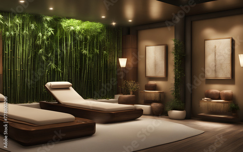 Elegant spa lounge  tranquil water features  bamboo plants  soft lighting  and plush seating  serene ambiance