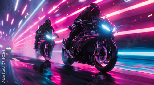 riding two motorcycles with neon lights on an illuminated road at night © sailorsoul33