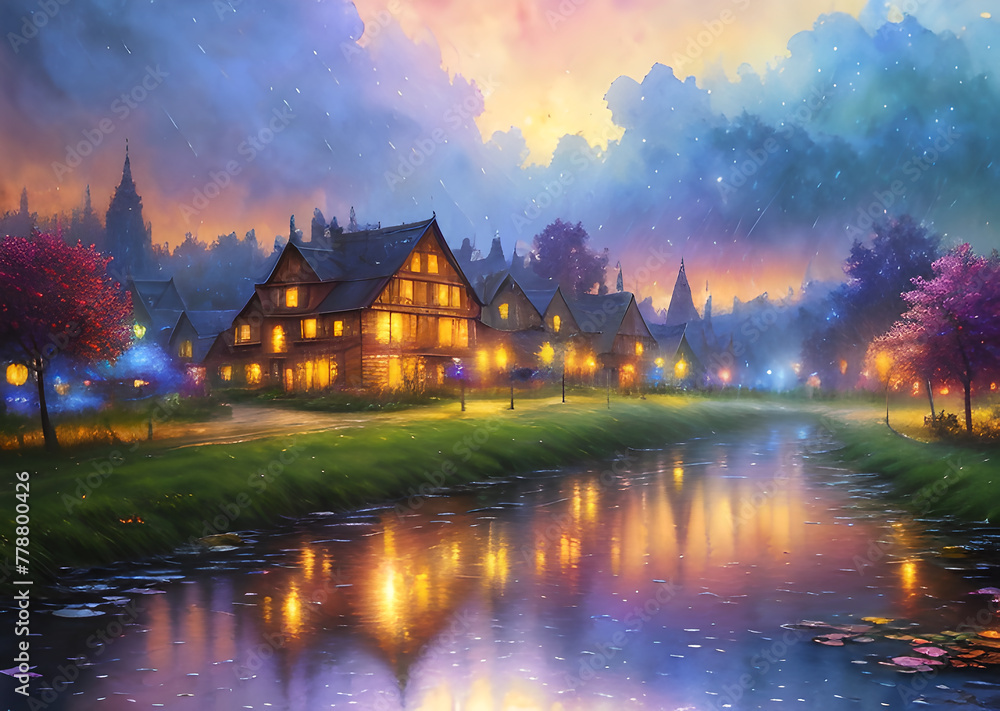 Fototapeta premium Medieval fantasy fairytale town houses and river, Generative AI