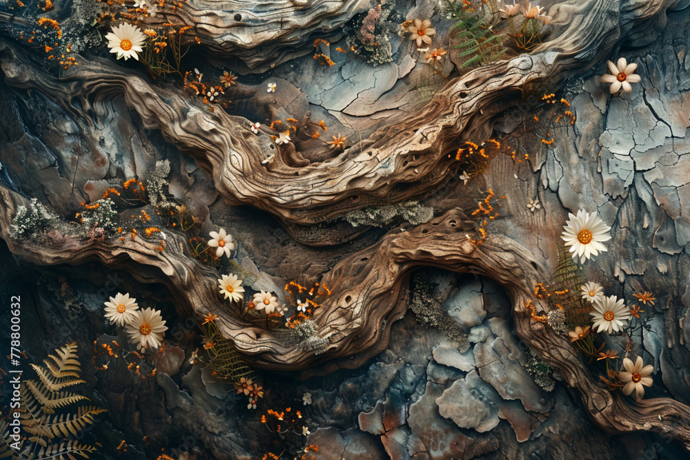 Imagine an AI-generated image capturing the abstract beauty of a gnarled tree trunk, its bark etched with intricate patterns and textures, while delicate ferns and wildflowers cling to its weathered s