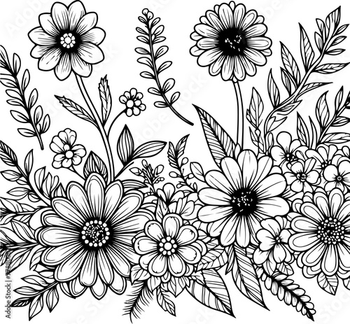 Flowers black outline illustration coloring book page