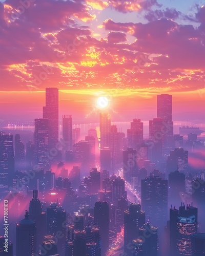 Postwar utopia city, pastel, sunrise, peaceful new world , 3D illustration