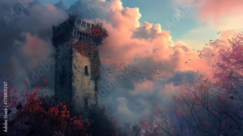 An ancient stone tower, cloaked in autumn ivy, stands against a dramatic dusk sky, with birds circling in the cool air.
