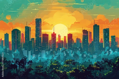 Solar punk cityscape, vibrant, sunny day, ecofuturistic harmony , illustration photo