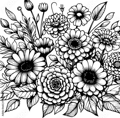 Flowers black outline illustration coloring book page