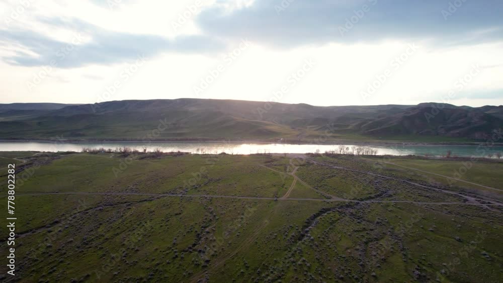 Drone shot of river Ili and spring steppe in Kazakhstan Drone shot of river Ili and spring steppe in Kazakhstan