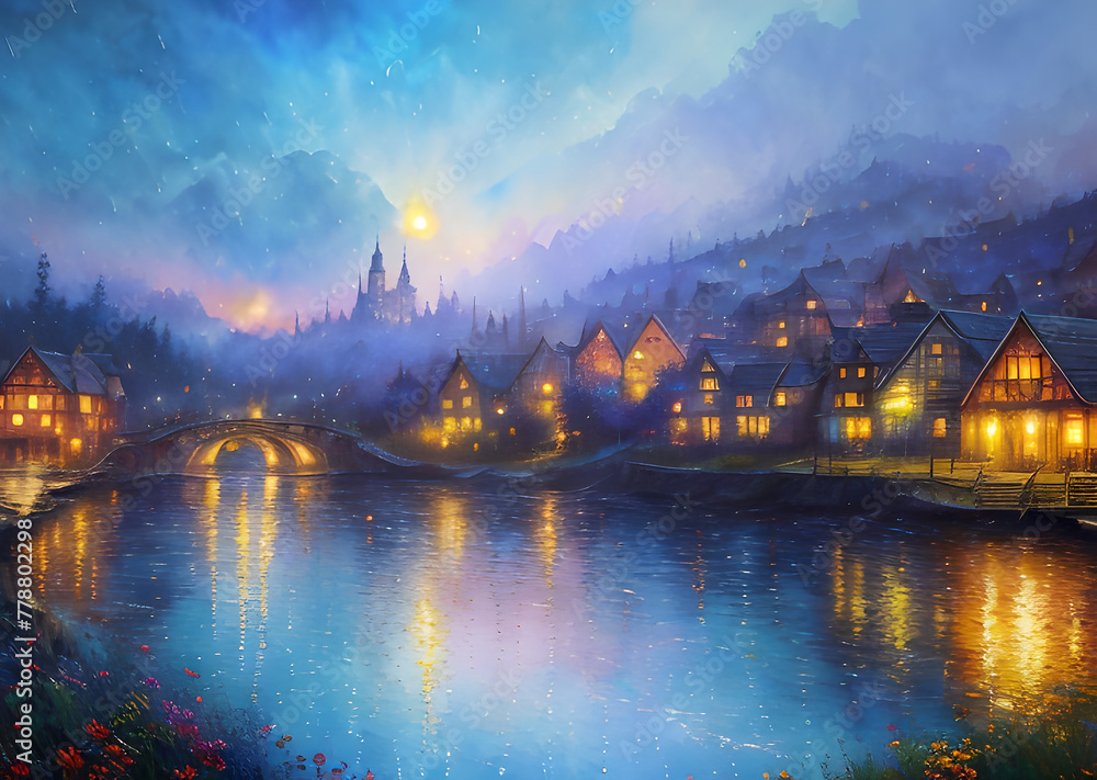 Medieval fantasy fairytale town houses and river, Generative AI Medieval fantasy fairytale town houses and river, Generative AI