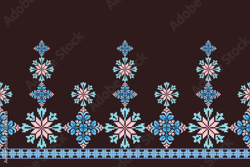 Geometric ethnic floral pixel art embroidery, Aztec style, abstract background design for fabric, clothing, textile, wrapping, decoration, scarf, print, wallpaper, table runner.