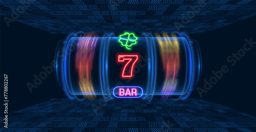 Slot machine with neon gaming symbols. Vector illustration.