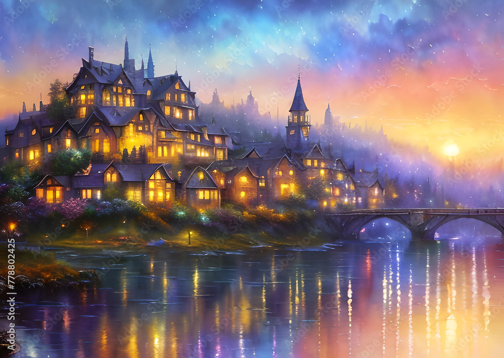 Obraz premium Medieval fantasy fairytale town houses and river, Generative AI