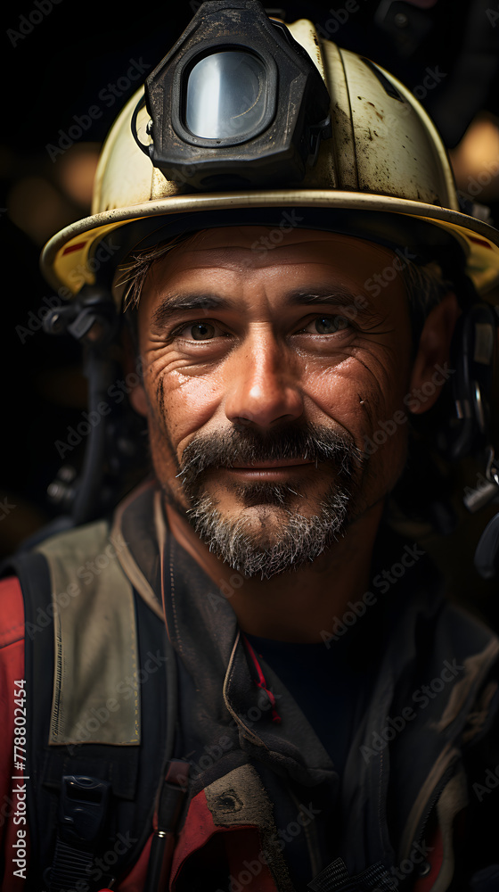 Fearless Firefighter in Full Gear with a Brave Smile. Fearless Firefighter in Full Gear with a Brave Smile.