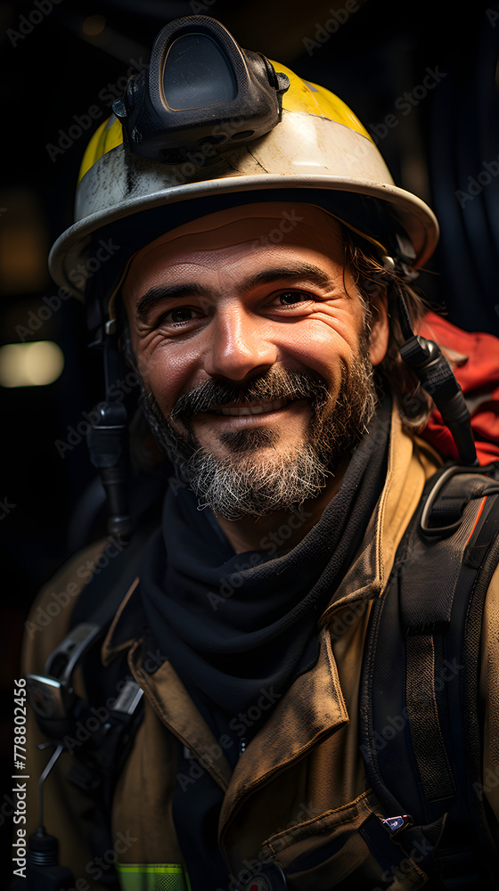 Fearless Firefighter in Full Gear with a Brave Smile. Fearless Firefighter in Full Gear with a Brave Smile.