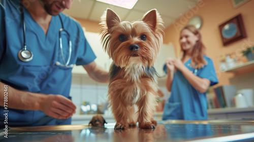 A dog is standing in front of two veterinarians. One of the veterinarians is holding a syringe. a veterinarian in a clinic, gently examining a small dog or cat on an examination table. photo