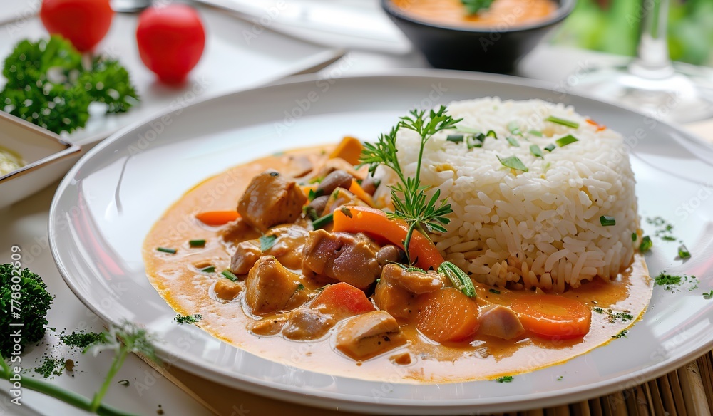 Gourmet chicken curry with rice on elegant dinner table Gourmet chicken curry with rice on elegant dinner table