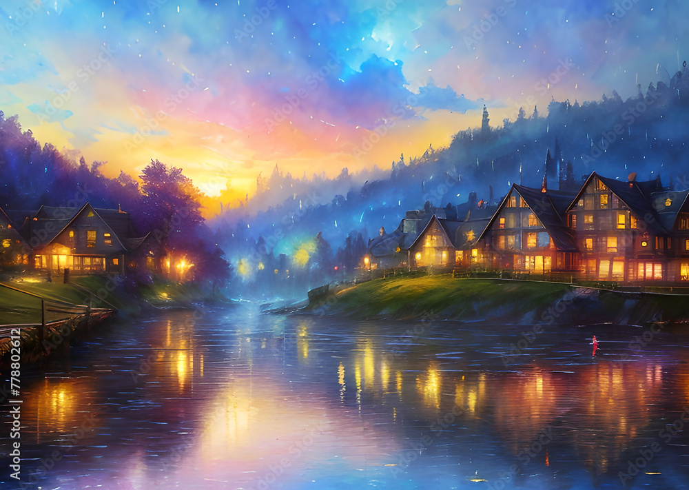 Fototapeta premium Medieval fantasy fairytale town houses and river, Generative AI