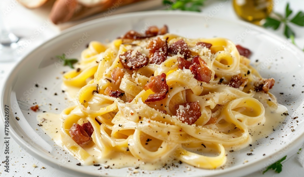 Creamy fettuccine pasta with crispy bacon and parmesan Creamy fettuccine pasta with crispy bacon and parmesan