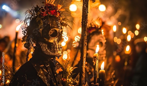 Enigmatic festival portrait of adult with skull makeup amidst candlelight