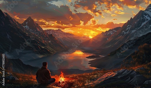 Serene sunset campfire in mountainous landscape