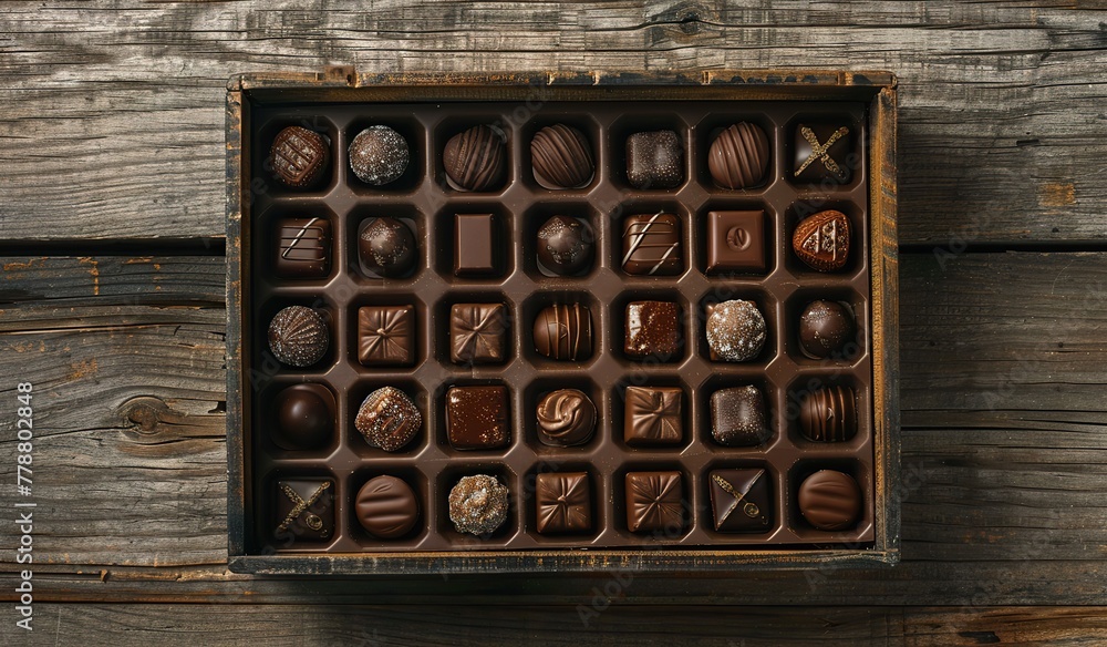 Gourmet chocolate truffles in elegant packaging on rustic wood Gourmet chocolate truffles in elegant packaging on rustic wood