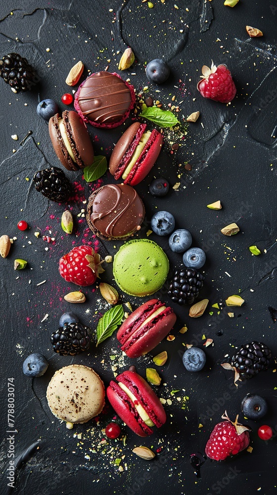 Colorful macarons with fresh berries on dark background