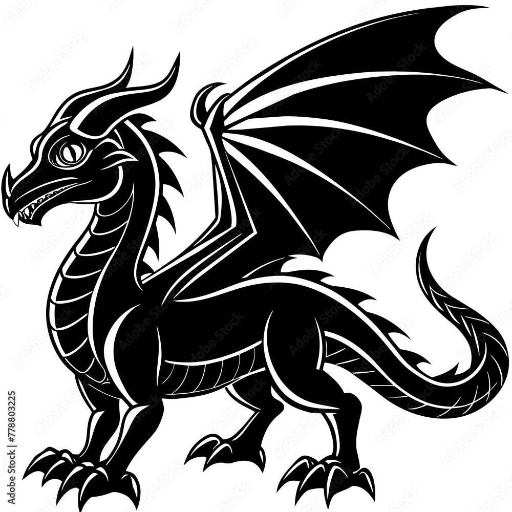 Fototapeta premium black dragon tattoo, black dragon silhouette vector illustration,icon,svg,monster characters,Holiday t shirt,Hand drawn trendy Vector illustration,dragon on black background