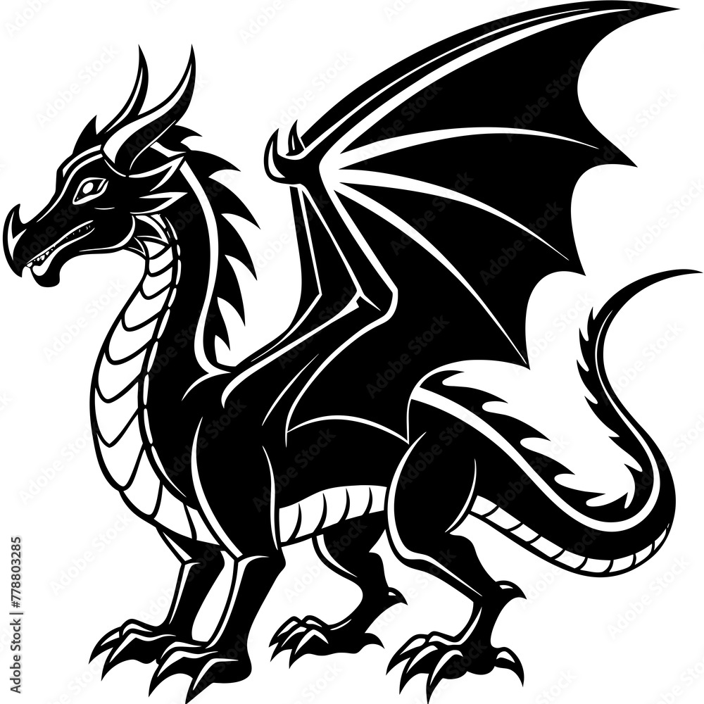 black dragon tattoo, black dragon silhouette vector illustration,icon,svg,monster characters,Holiday t shirt,Hand drawn trendy Vector illustration,dragon on black background