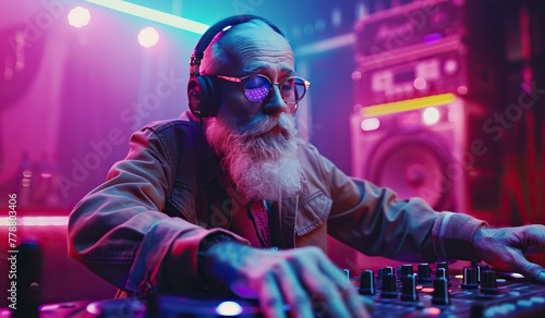 Trendy senior DJ mixing tracks at a club with vibrant lights