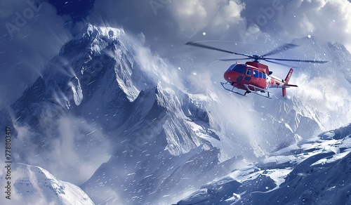 helicopter navigating through snowy mountains