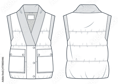 Vest Jacket technical fashion Illustration. Down Jacket Vest fashion flat technical drawing template, patch pocket, button, sleeveless, front and back view, white, rib, women, men, unisex CAD mockup.