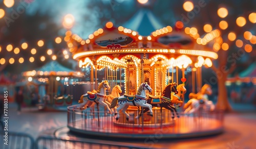 Enchanting evening carousel ride in soft focus with vibrant lights © volga
