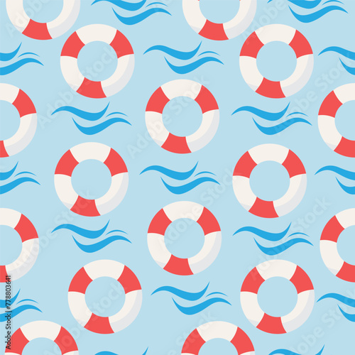 Flat vector illustration of a lifebuoy pattern.Summer seamless pattern of a lifebuoy in the water, with water.