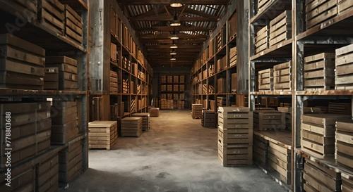 Warehouse interior with rows of wooden boxes. 3D Rendering, Warehouse or warehouse with rows of shelves and rows of wooden boxes photo
